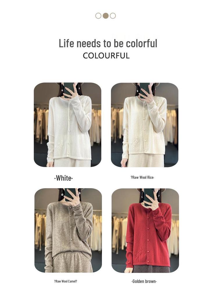 2023 Women's Elegant Australian Wool Crochet Cardigan - Autumn/Winter, Round Neck, Long Sleeve, Plain Color