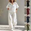 Damen Kapuzenpullover mit Kordelzug Reißverschluss Kurzarm Locker Leinenmischung Oberteil Weite Hosen 2-teiliges Outfit Lässig Frühling Sommer Tägliche Loungewear Hosen Set