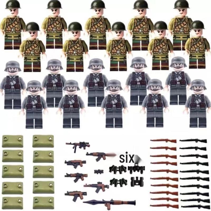 WWII Military Building Blocks Set: 64pcs Figures & Weapons with Sandbags