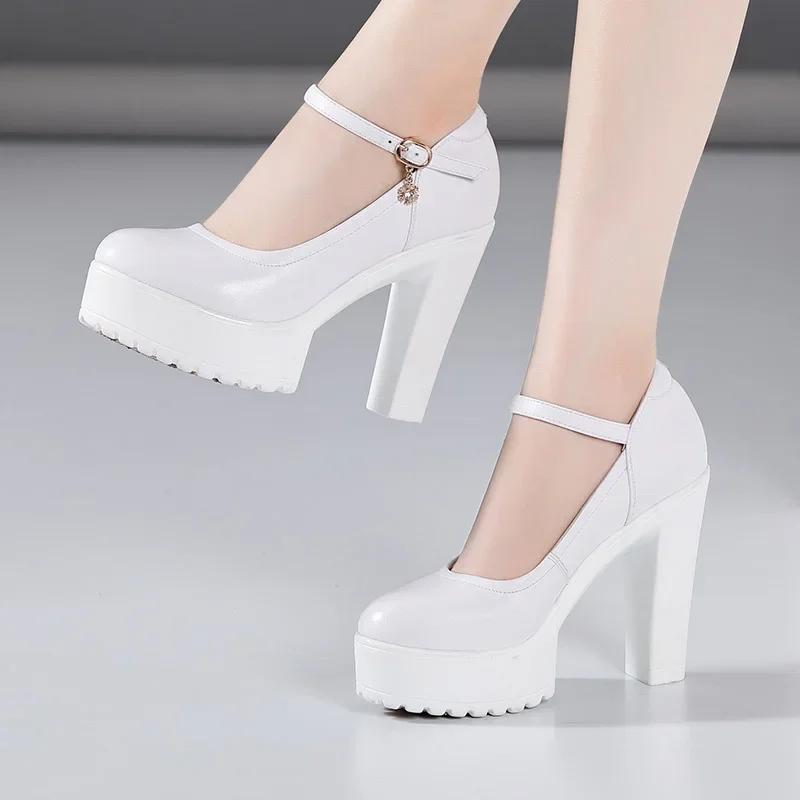 Fashion Cowhide Women's High Heel Shoes with Heels Platform Mary Jane Shoes Women Pumps Office Work Shoe Women's Wedding Shoes 32-43