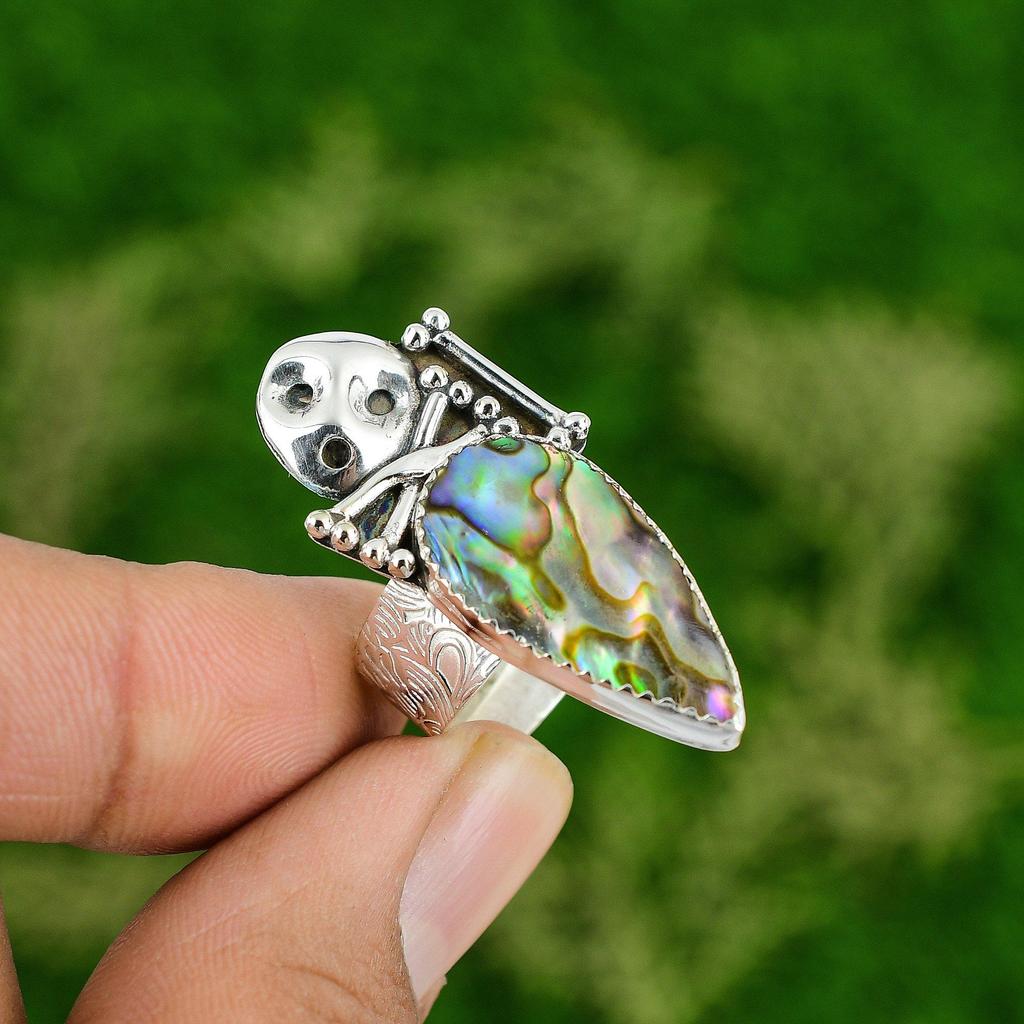 Natural Abalone Shell Skull And Bone Adjustable Ring 925 Silver For Women