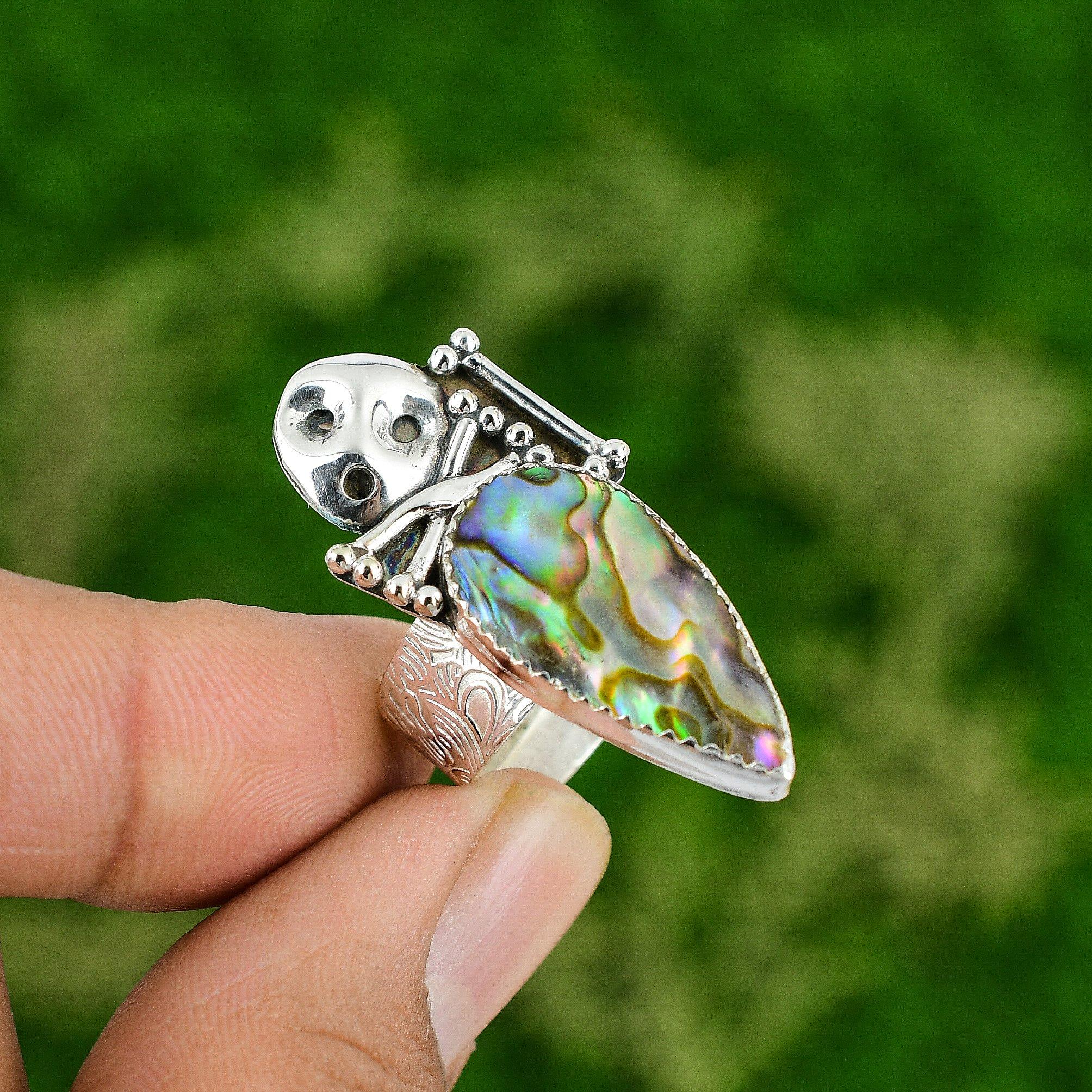 

Natural Abalone Shell Skull And Bone Adjustable Ring 925 Silver For Women Adjustable