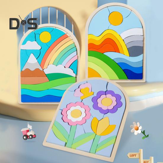 1 szt./3 szt. Zestaw puzzli z drewnianymi kształtami Motyw kwiatów, chmur, wschodu słońca Dopasowywanie kolorów Klocki poznawcze Rozwijanie umiejętności motorycznych Zabawka edukacyjna dla dzieci 3+ lat