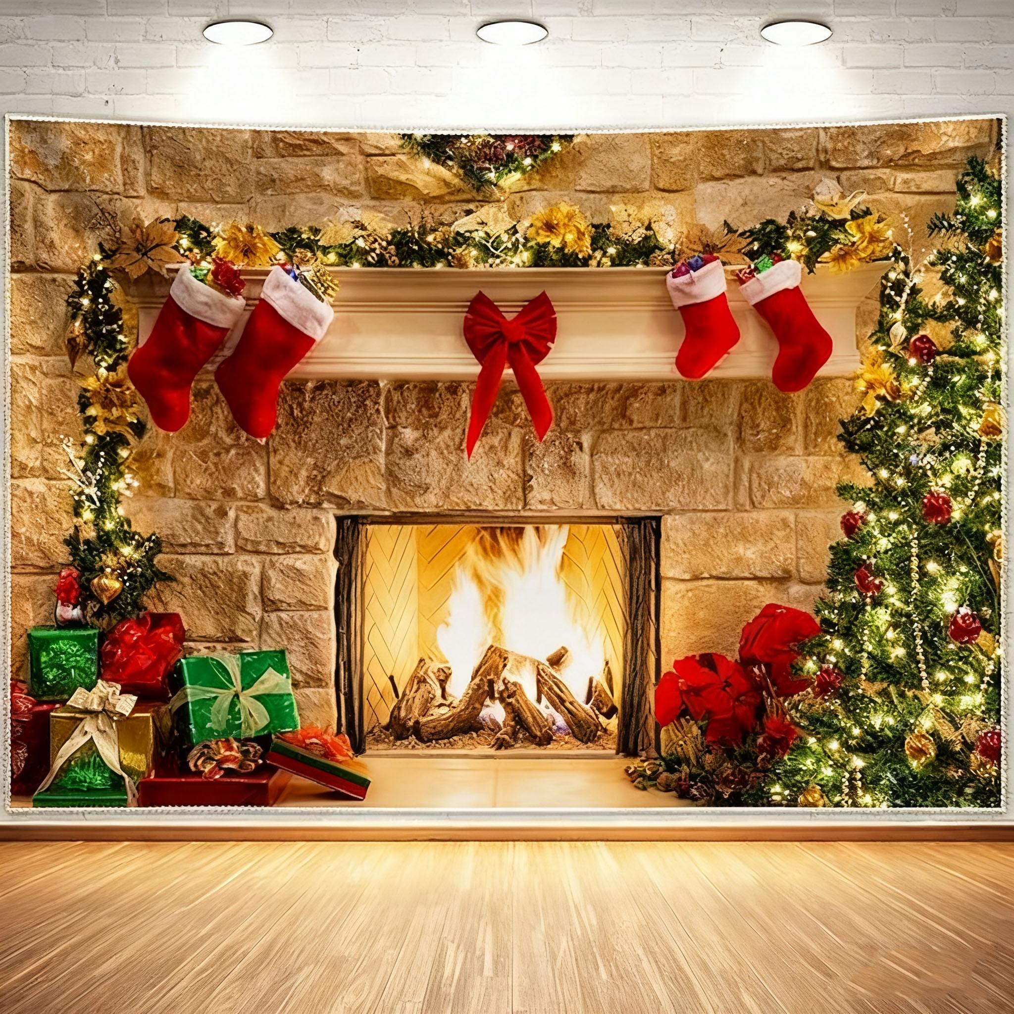 1pc Christmas Decoration Tapestry Christmas Fireplace Christmas tree Tapestry Christmas Shooting Background Cloth Tapestry 95x75cm