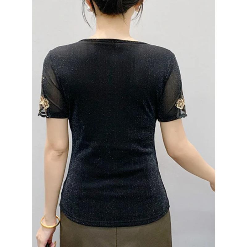 Summer Lace Hot Diamonds Embroidery Flower Designer T-Shirt Elastic Sexy O-Neck Slim Mesh Tops Chic Women's Short Sleeved Vintage Tees Blouse