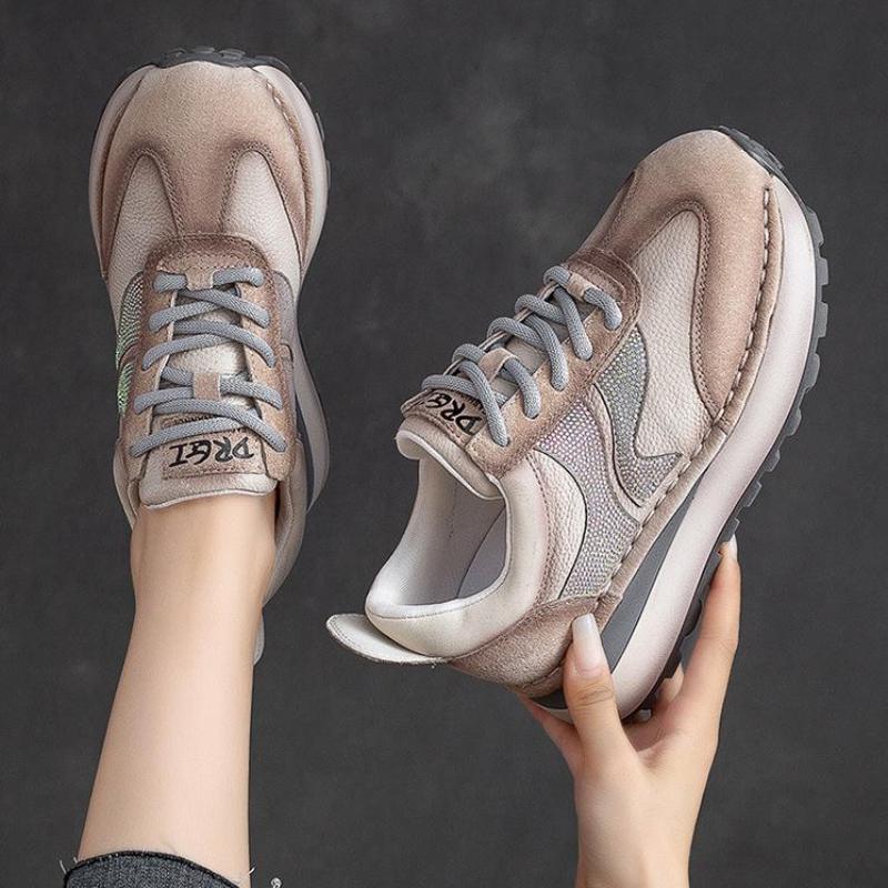 Fashion 4cm Casual Autumn Spring Rhinestone Fashion Bling Wedge Mixed Color Shoes Genuine Leather Women Platform Chunky Sneaker 2024