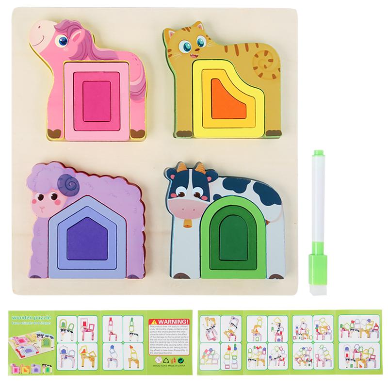Montessori Animal Jigsaw Puzzle Hand Grasping Nesting Board Wooden Shape Sorting Puzzle Sensory Toys Learning Educational Toys