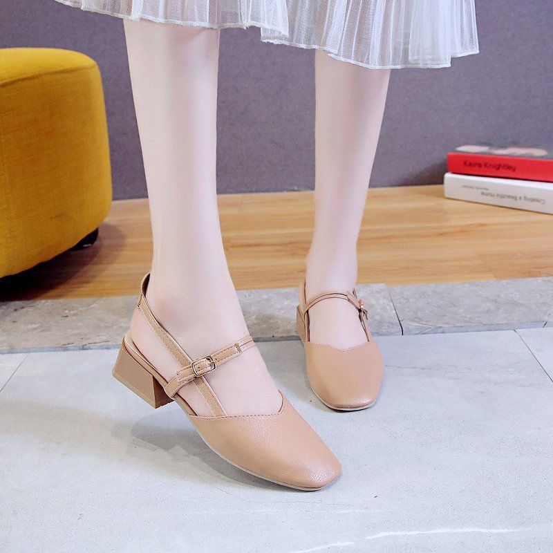 2025 summer new bag head sandals fairy fairy wind middle heel versatile square head thick heel lady gentle square head single shoes