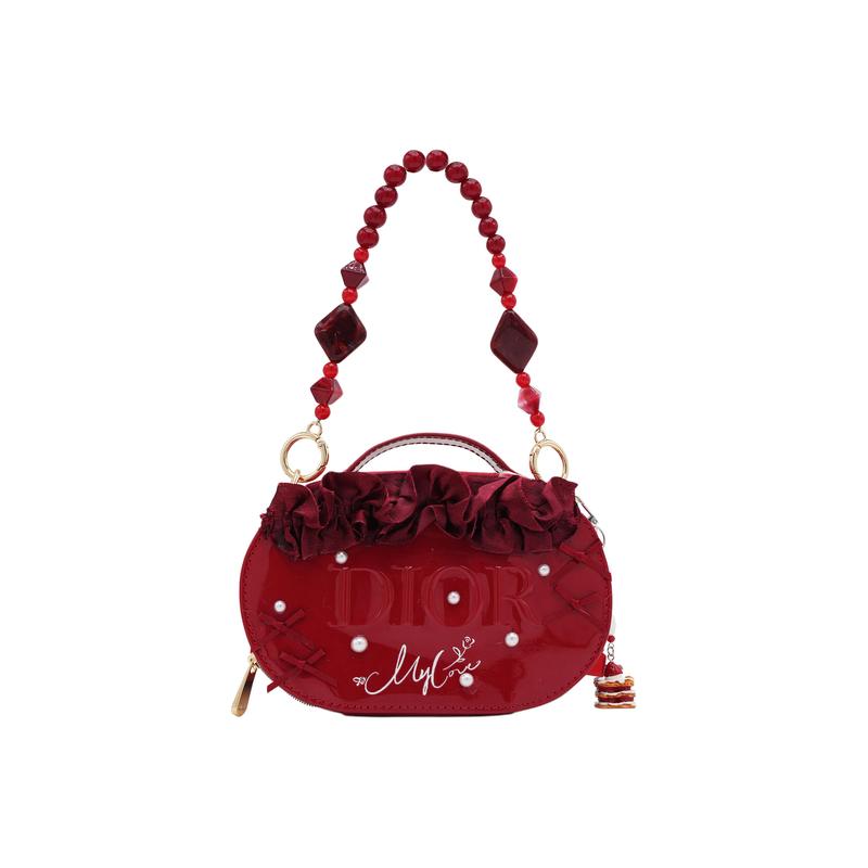 

DIOR [Customized Cosmetic Bag] Leather Red Rose Dream Bath Bag Patent Leather Glossy Portable Exquisite Pearls красный