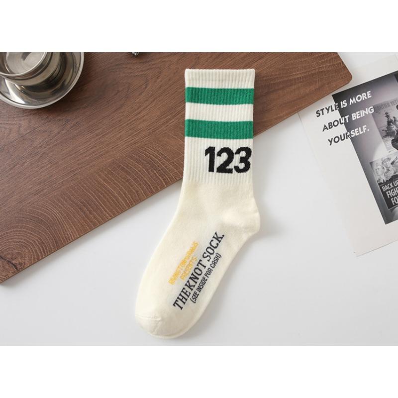 Men's Spring and Autumn Cotton Digital Striped School Style Sports Mid Calf Socks