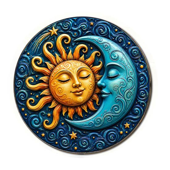 Indoor And Outdoor Wall Decor Sun Moon Art, 8Inch Round Metal Sign, Exotic Home Decoration Boho for Living Room Bedroom Entrance