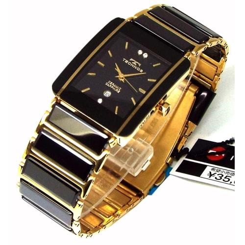 TECHNOS Men's Classic Ceramic Watch with Black Dial and Genuine Leather Bracelet (TSM903GB-SET)