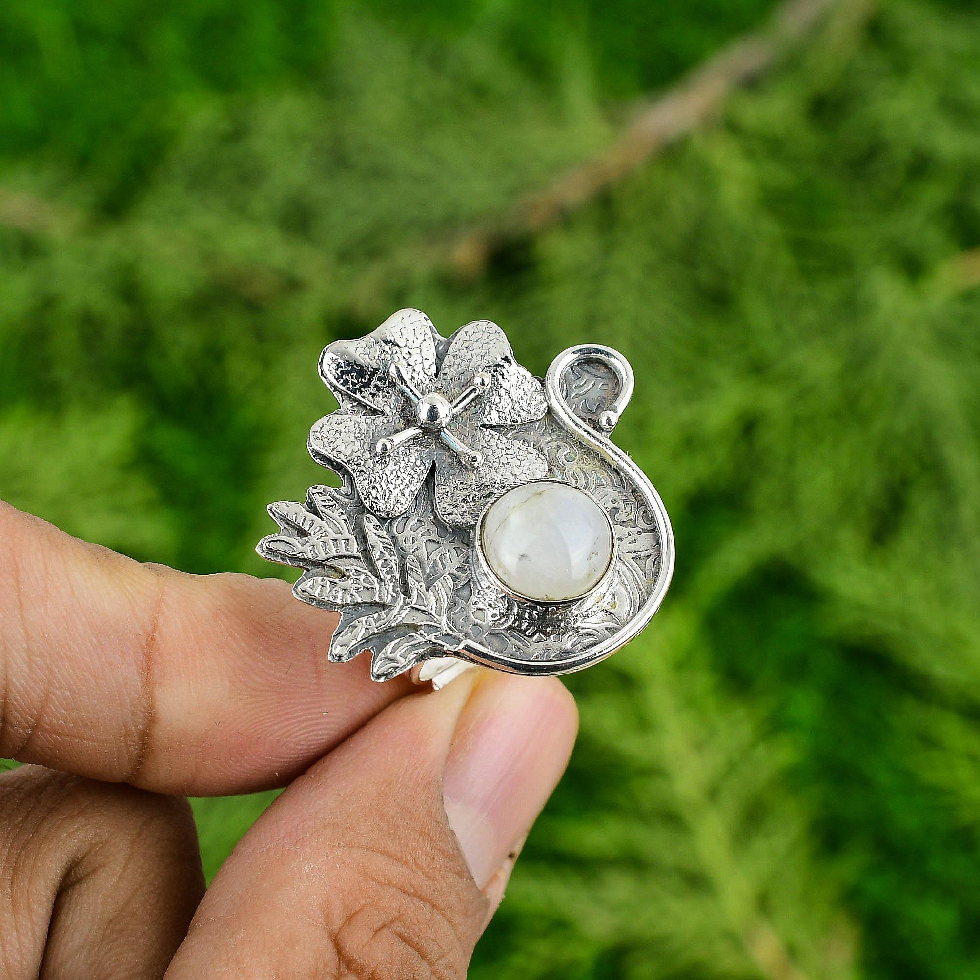 

Sterling Silver Natural Rainbow Moonstone Promise Sister Stackable Flower Ring Adjustable