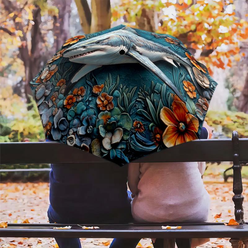 0106 Embossed Floral Marine Animals Pattern, Automatic Folding Umbrella, Portable and Foldable Design, 8 Ribs, a Christmas or Birthday Gift.