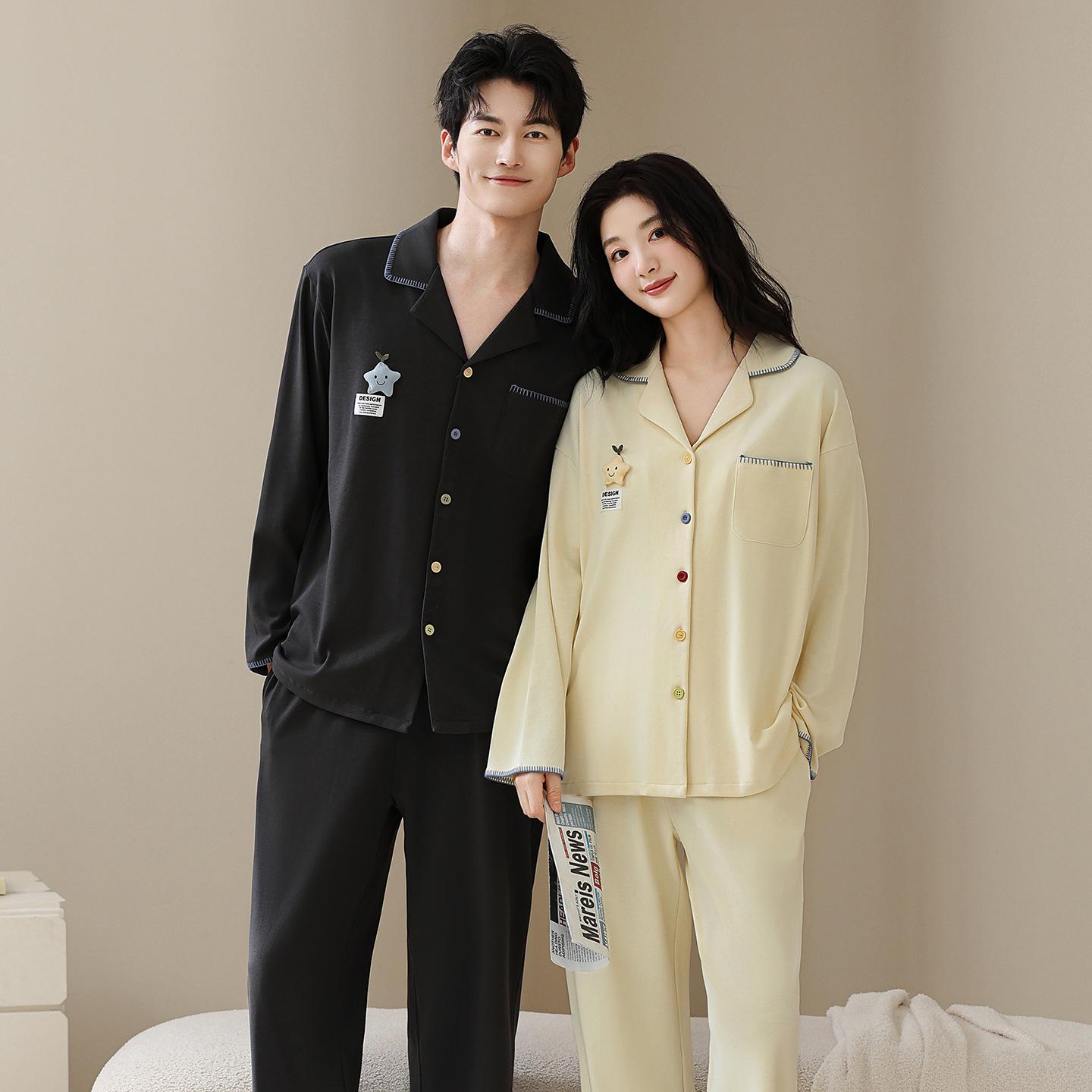 

Tencel Cotton Couple Pajamas Set: Spring & Autumn Long Sleeve Cardigan with Cute Doll Design for Him & Her Female M (recommended 40-50 kg)