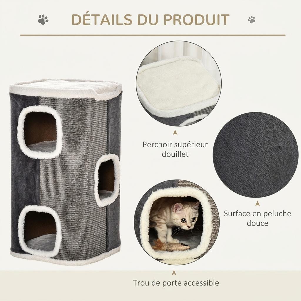Cat Scratching Barrel, 3-Level, Plush and Sisal, 2 Interconnected Holes, 40 x 40 x 74 cm, Grey