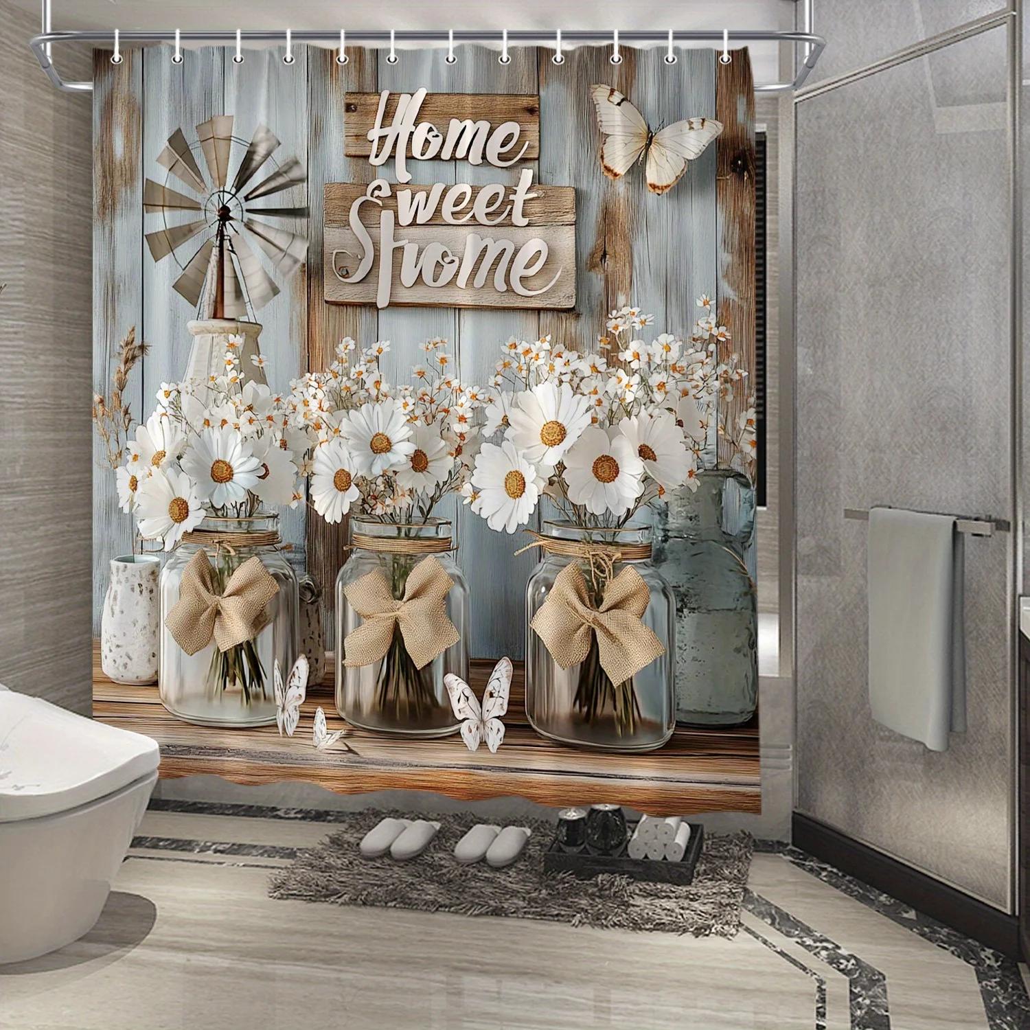 

Rustic Floral Shower Curtain - Butterflies & Mason Jars With Home Sweet Home Design, Polyester Bathroom Decor W60H190(CM)-1 Pcs