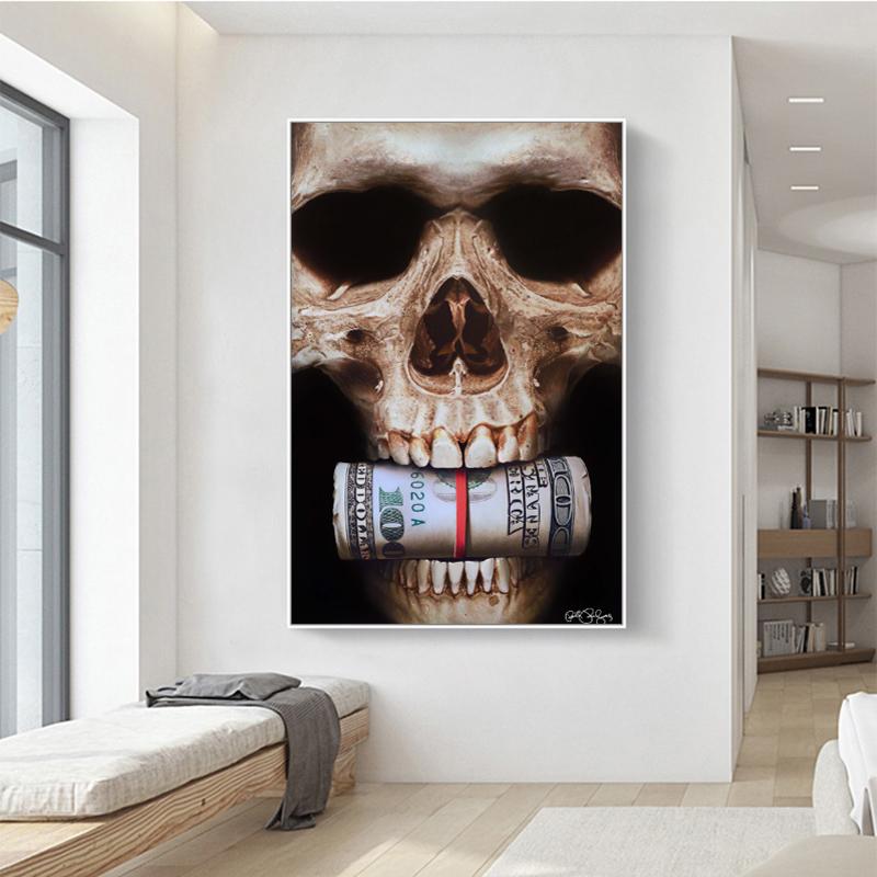 

Настенная картина на холсте, абстрактный черный и золотой череп с пулей, крутые постеры и принты, настенная картина для украшения комнаты 21*30cm
