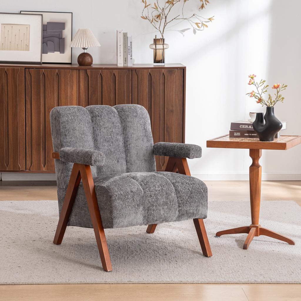 Bouclé Accent Seating with Wooden Frame, Armchair for Living Room, Bedroom, Grey