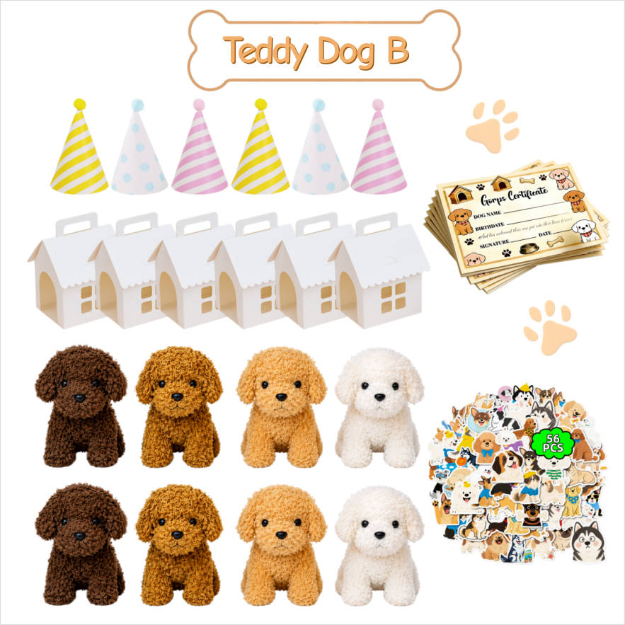 8-24Set Teddy Dogs DIY Adopt A Puppy Party Favors Mini Plush Puppy Stuffed Dogs with House and Stickers for Birthday Party Gifts