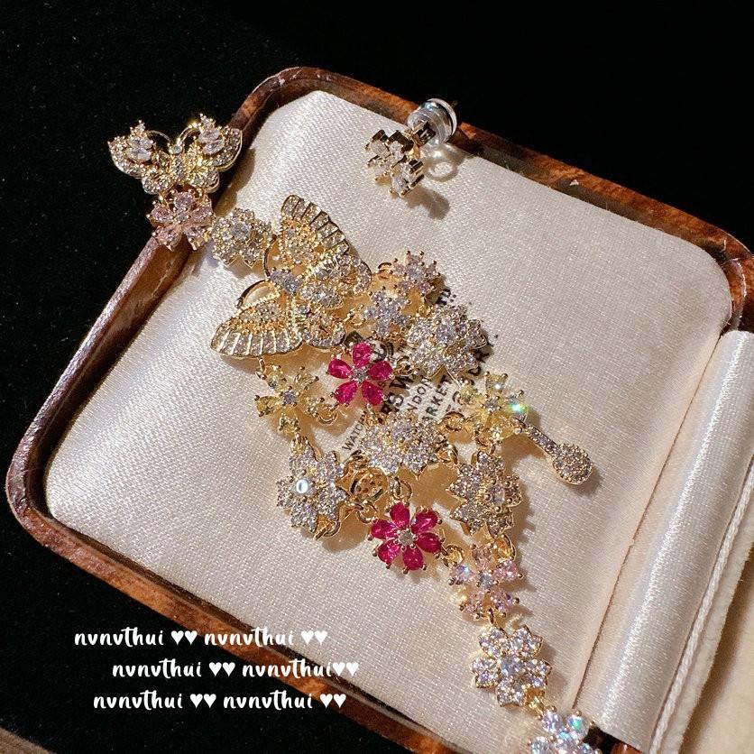 Papalacha Rainbow Raindrop Gem Necklace, Antique, 18K Gold Plated, Lady Rouge Flower Zircon Earrings