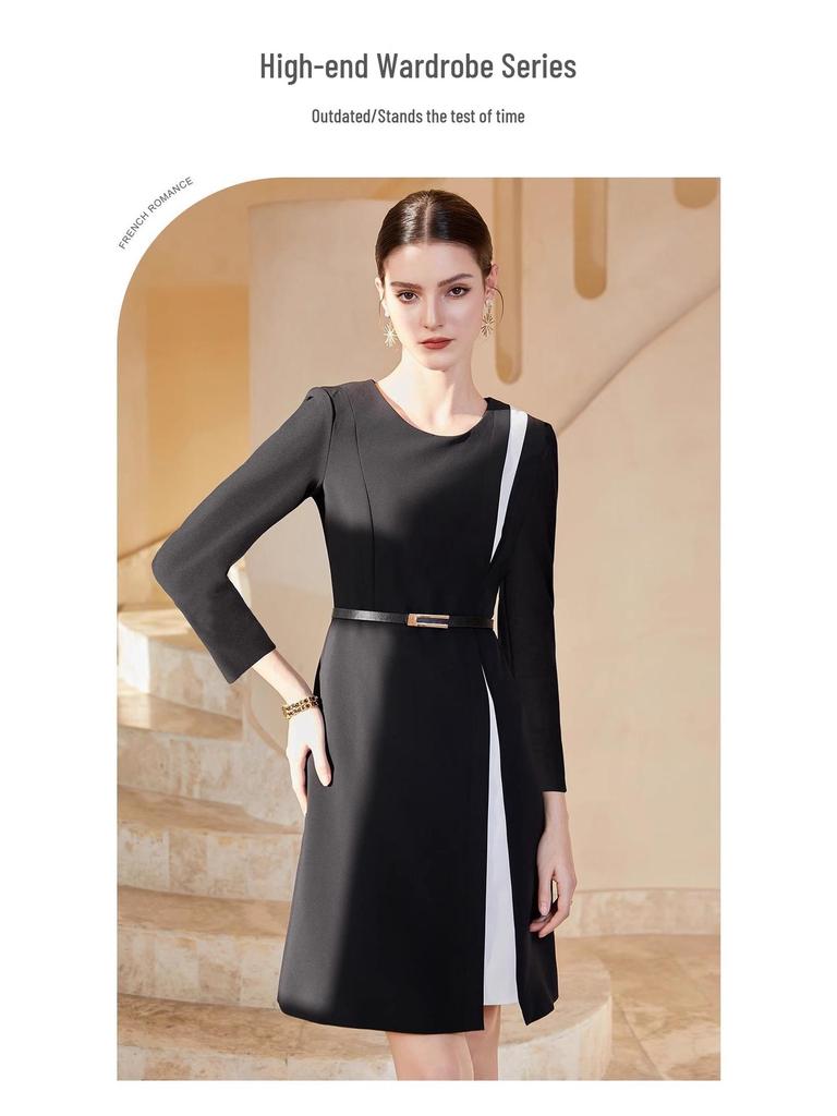 2024 Autumn Hepburn Style Black Round Neck Dress for Women: Elegant, Professional, and Perfect for Commute