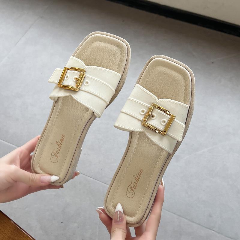 Women's Summer Fairy-Style Square Buckle Slippers - Soft Sole, Versatile Outdoor Beach Sandals