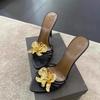 2025 Women's Sandals Slippers Summer Metal Flowers Beautiful Fashion Sandals Women's Stiletto High Heels Black Sandals