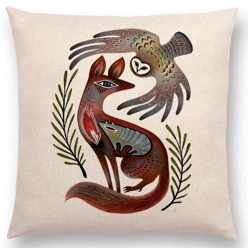 Retro Mystery Watercolor Art Totem Sofa Pillow Case Animals Deer Bear Bird Fish Fox Owl Snake Rabbit Heron Bee Cushion Cover