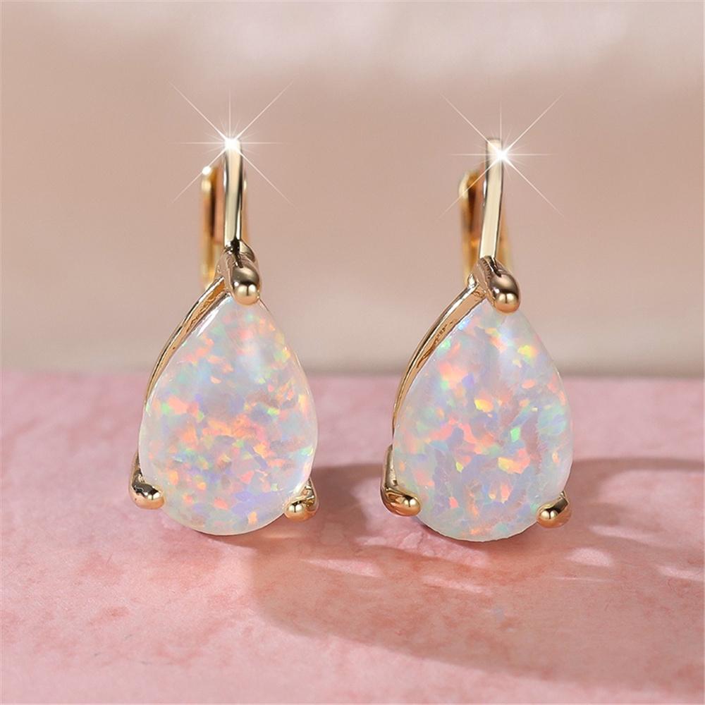 Female White Opal Water Drop Stone Hoop Earrings Vintage Fashion Gold Silver Color Wedding  For Women