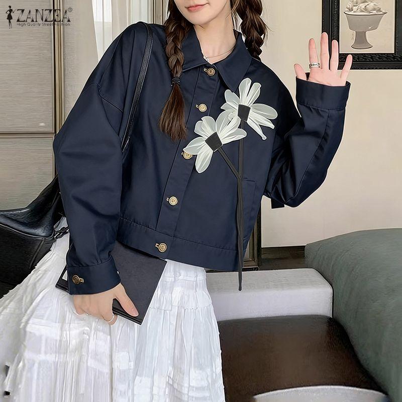 ZANZEA Blusa feminina casual gola virada para baixo solta manga comprida