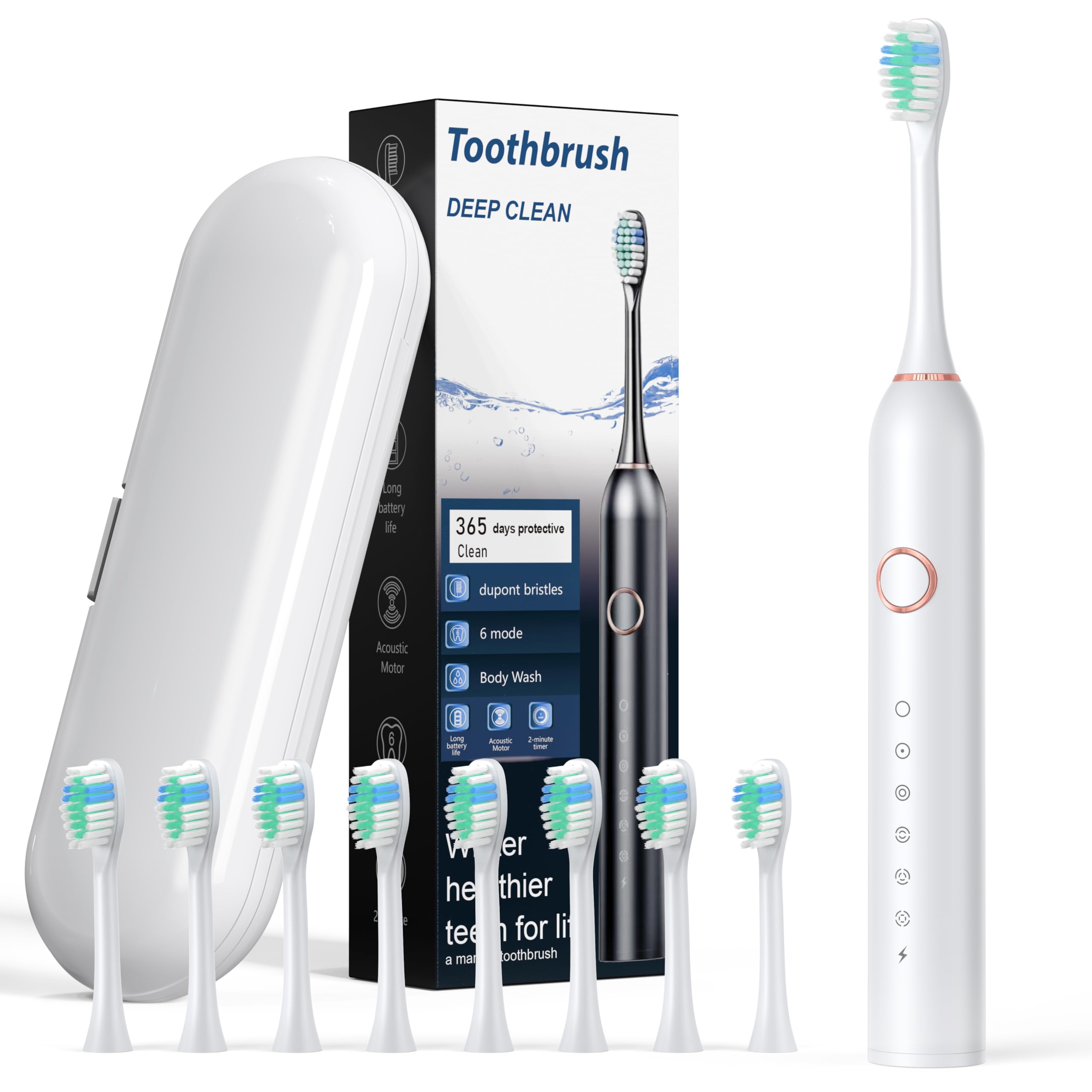 

Sonic Electric Toothbrush with Side IPX7 6 8 Replacement 50 Days of Continuous Auto Storage Case Low Perfect for Travel Swing, Waterproof, Modes, білий