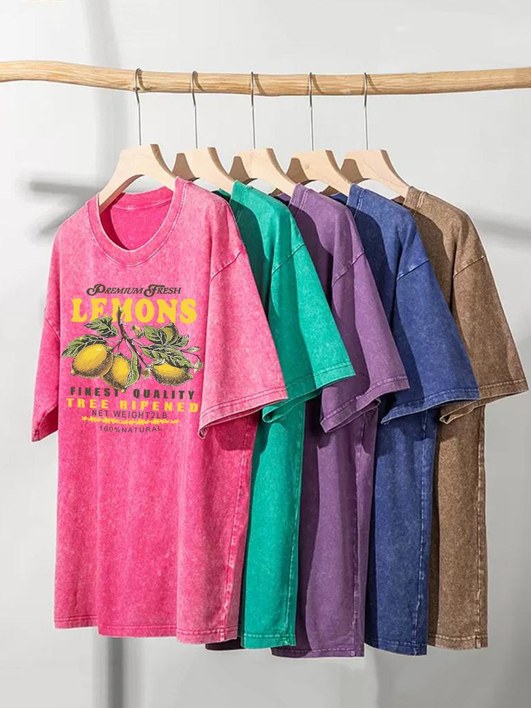 Premium Fresh Lemons Fruit Print Women Washed T-Shirts Y2K Comfortable Short Sleeve Loose All-Match T Shirt Cotton Hip Hop Top