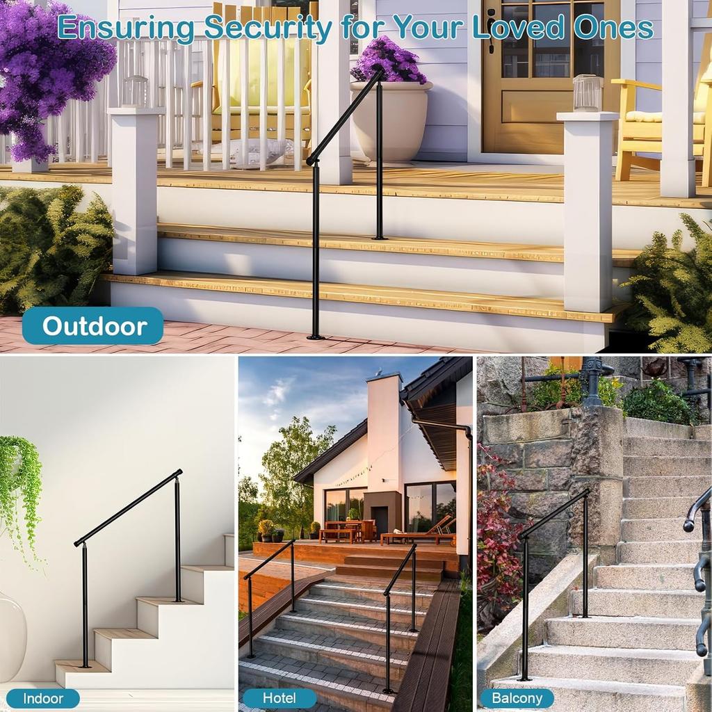 Metal Outdoor Step Handrails for 2-3 Steps - Black Porch & Deck Railing with Install Kit for Concrete/Patio