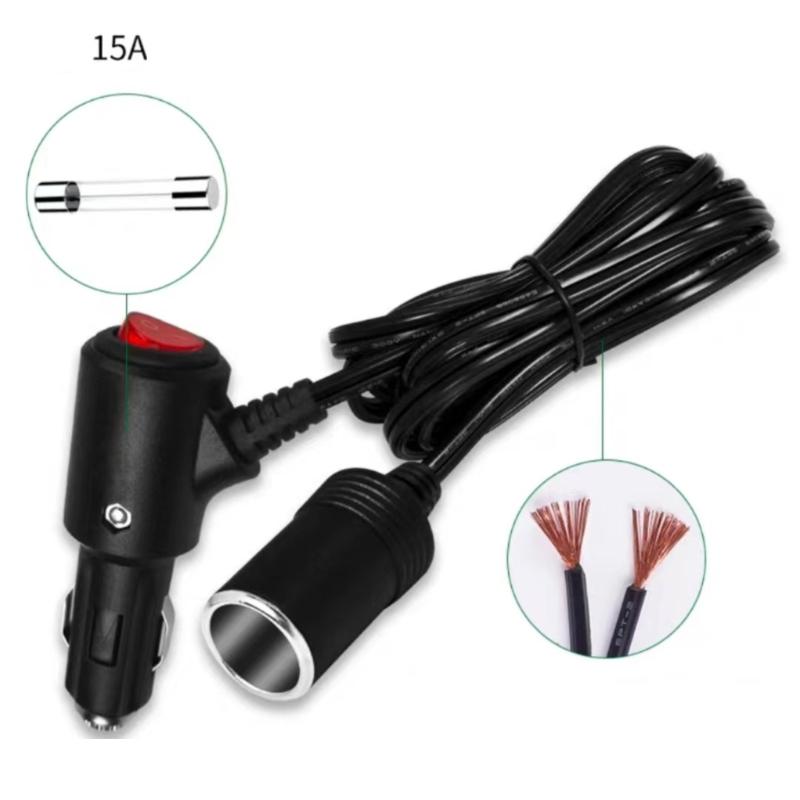 Car Cigarette Lighter Extension Cord with On/off- Button Max180W for Car Chargers, Vacuum Cleaners, Fans, LED Lights,