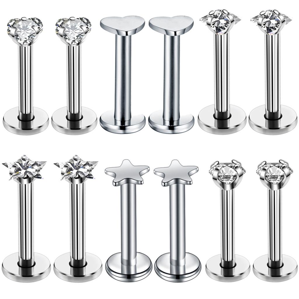 12PC Crystal Labret Piercing Set 16G Heart Tragus Piercing Earring Lot Conch Piercing Set Lip Labret Stud Pack Lobe Earring Bulk
