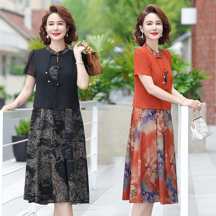 Stylish Chiffon Summer Dress for Middle-Aged & Elderly Women - Short Sleeve, Waist-Cinching Design