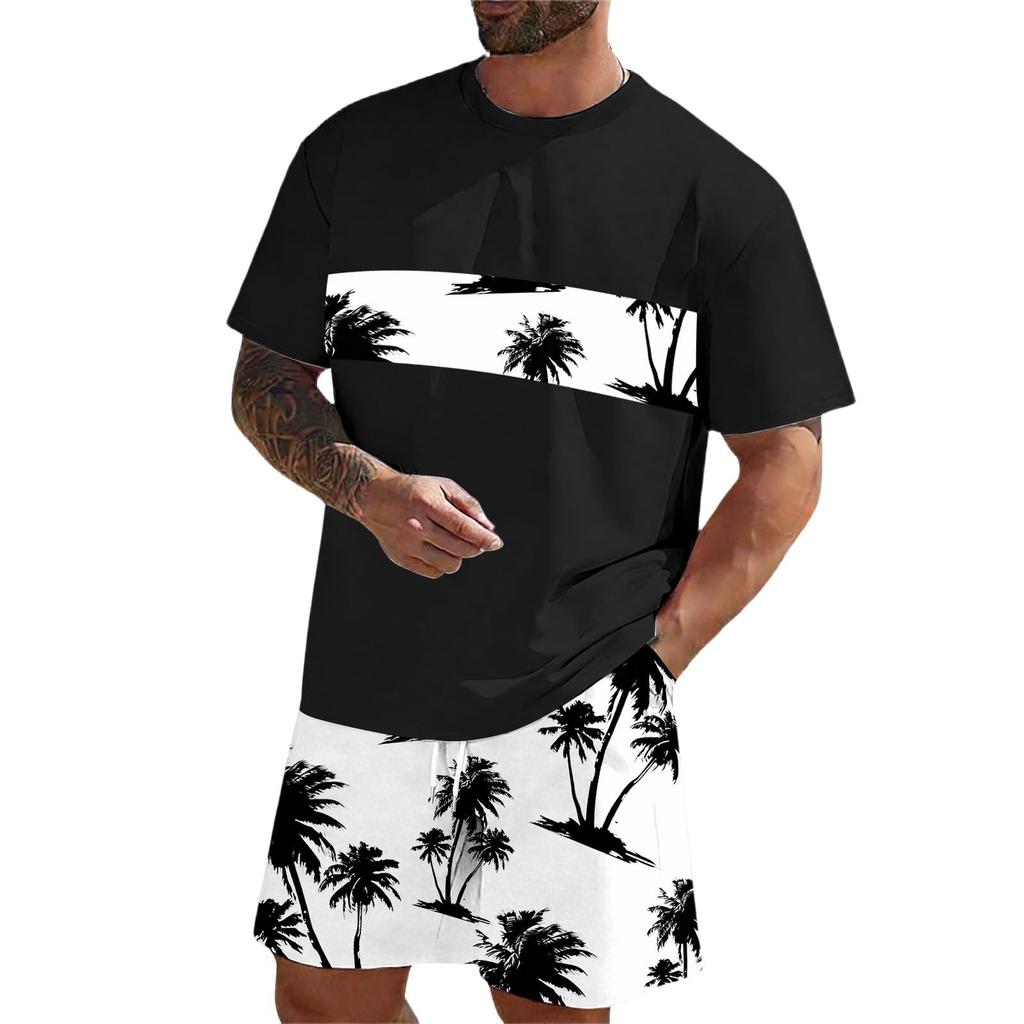 Men's Casual Two Piece Set Short Sleeve T Shirt and Elastic Waist Drawstring Shorts Summer Outfit Lightweight Comfortable Fit