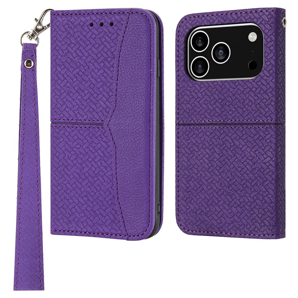 

For iPhone 17 Pro Case Woven Texture PU Leather Wallet Phone Cover with Wrist Strap Purple