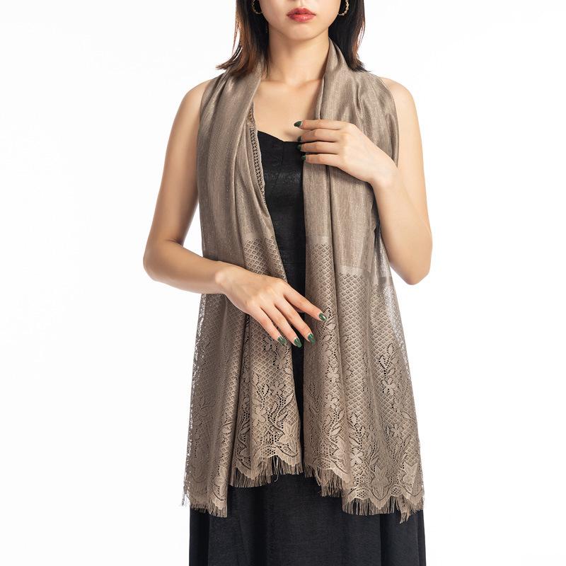 Fashion Solid Lace Hollow Printed Silk Scarf Female Summer Thin Long Mesh Tassel Wedding Evening Dress Cloak Sunscreen Shawl R16