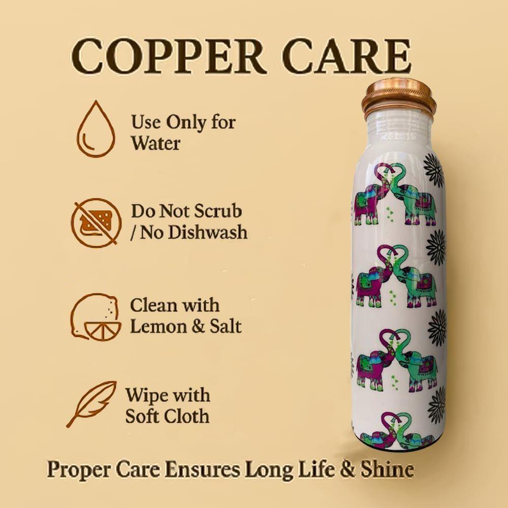 Elephants In Love Artistic Copper Water Bottle Set | Handcrafted Tamba Bottle with 2 Glasses | Premium Copper Water Bottle