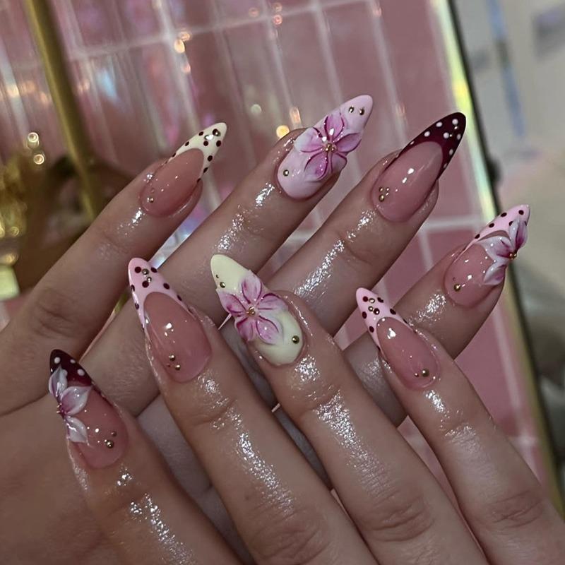 24PCS French Polka Dots Press On Nails Sweet 3D Pink Flower Yellow Almond Fake Nails for Women Cute Ins Style Wearable Nail Tips