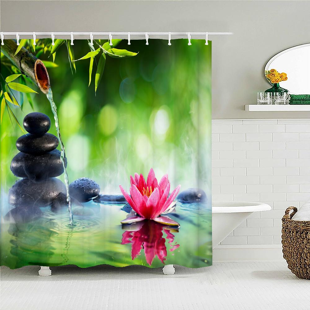 Beautiful Colorful Flower Printed Shower Curtains Frabic Zen Stone Floral Waterproof Polyester Bath Curtain With Hooks 180X180cm