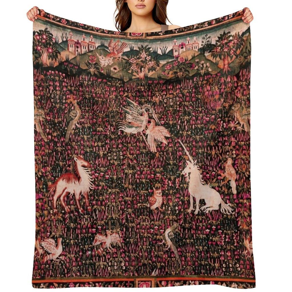 UNICORN AND MEDIEVAL BESTIARY Forest Animals,Millefleurs Red Pink Green Floral Tapestry Throw Blanket Sofa Throw Blankets
