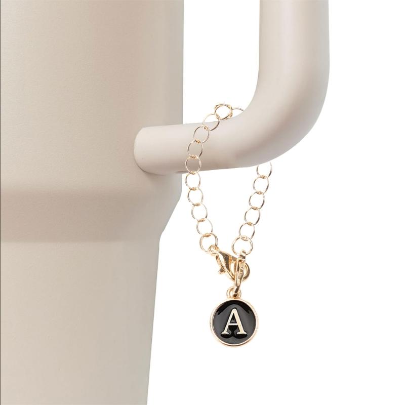 Name Letter Handle Charm Personalized Long Chain Round Pendant with Lobster Clasp Handle Chain for Cup Accessory