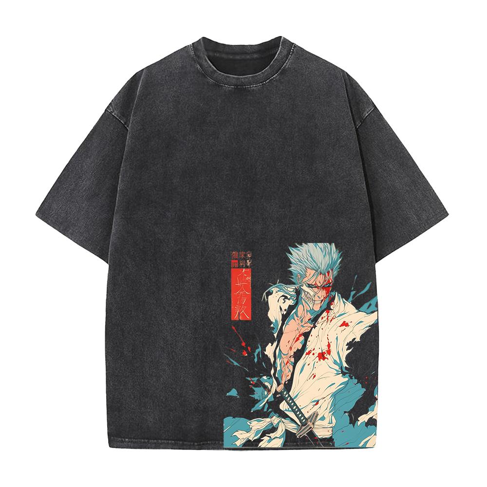 Classic Anime Bleach Zaraki Kenpachi Graphic Print Tee Men Women Retro Washed Cotton Tshirt Loose Casual Harajuku Oversized Top