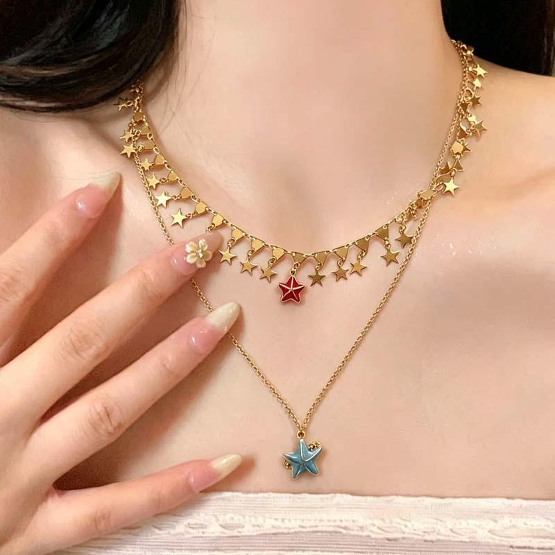 Double Layer Star Necklace: Women's Summer Clavicle Chain with Red and Blue Five-Pointed Stars