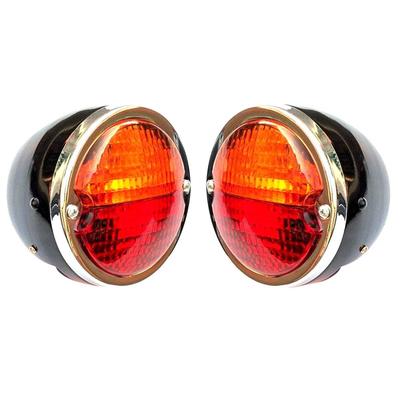 Ensemble de feux arrière de tracteur | Corps noir | Anneau chromé | Lentille rouge/rouge avec ampoules 12V pour Jeep Willys | MF & John Deere