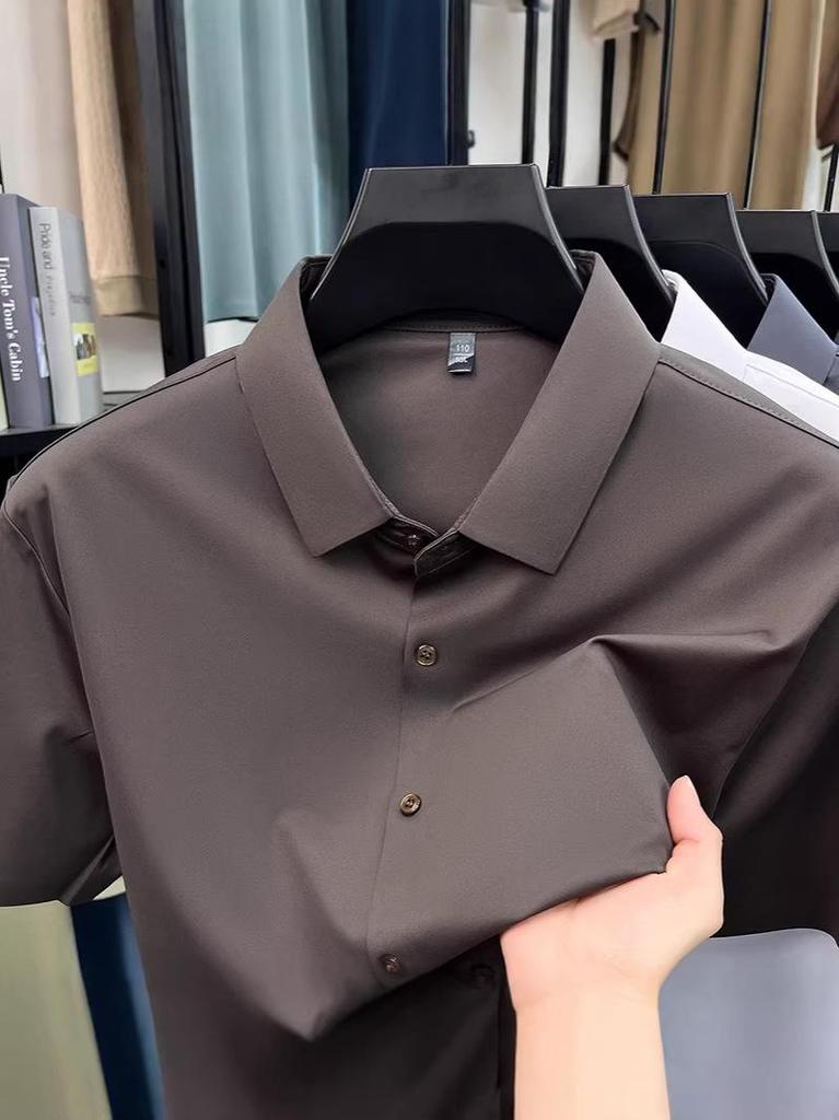 Pánská letní bezešvá košile s krátkým rukávem z ledového hedvábí - Prodyšná, jednobarevná, Business Casual, s krátkým rukávem.
