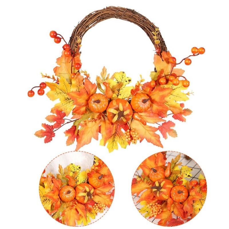New 14 Inch Artificial Fall Rattan Wreath Harvest Thanksgiving Halloween Home Decor for Front Door with Pumpkins Maple Leaf Berry
